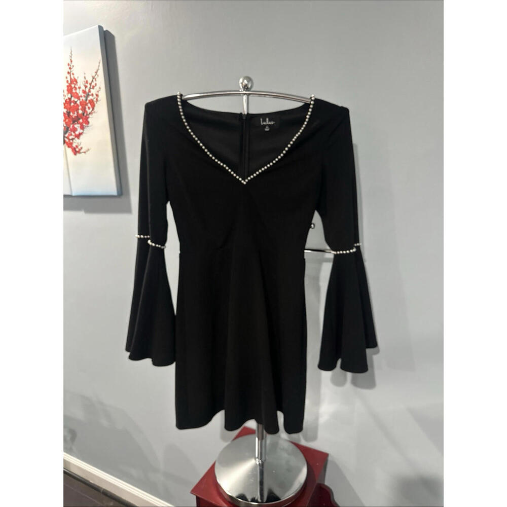 Lulus Romantic Intention Black Pearl Bell Sleeve Skater Dress Size Medium